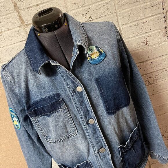Old Navy Denim Jean Jacket w/ Patches Cat and AT trail Medium - Picture 1 of 10